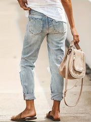 Loose Fit Straight Jeans Ripped Holes Distressed Denim Pants