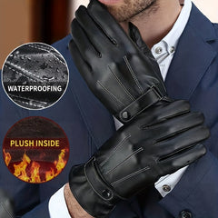 Men's Winter Leather Plus Velvet Touch Screen Gloves Waterproof Windproof