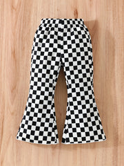 Girls Plaid Print Flare Leg Pants Elastic Waist Trousers