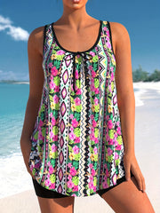 Vacay Tankini Set Floral & Geo Print Round Neck Tank Top & Shorts Swim