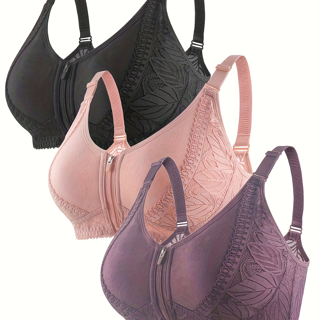 3pcs Lace Wireless Bras Breathable Zipper Intimates Bra Women's Lingerie