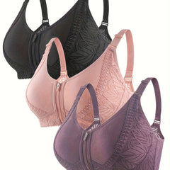 3pcs Lace Wireless Bras Breathable Zipper Intimates Bra Women's Lingerie