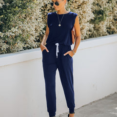 Solid Drawstring Jumpsuit Crew Neck Elastic Waist Women's Clothing