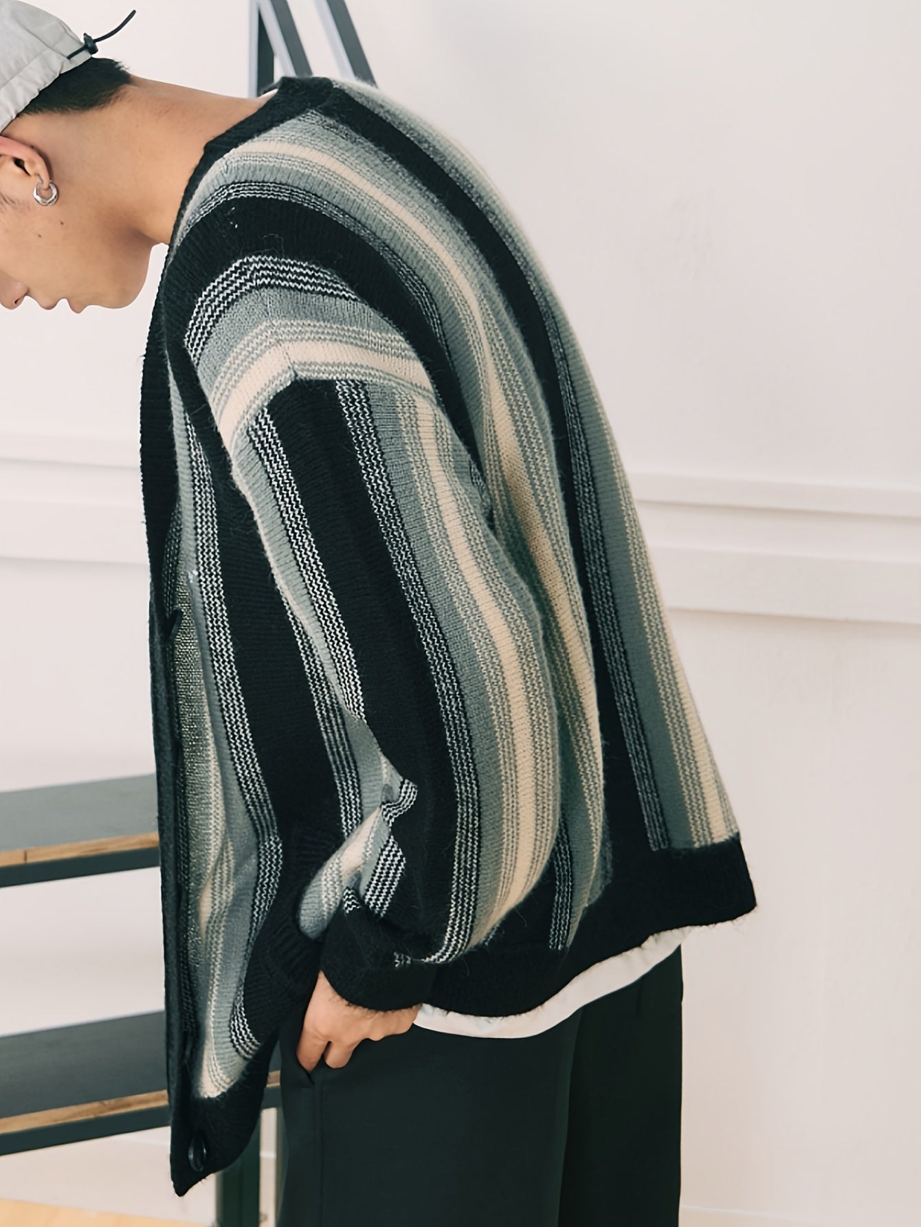 Striped Button Up Cardigan Men's Casual Loose Fit Sweater