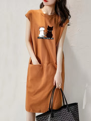 Cat Print Lounge Dress Sleeveless Over the Knee Dress Women's Loungewear