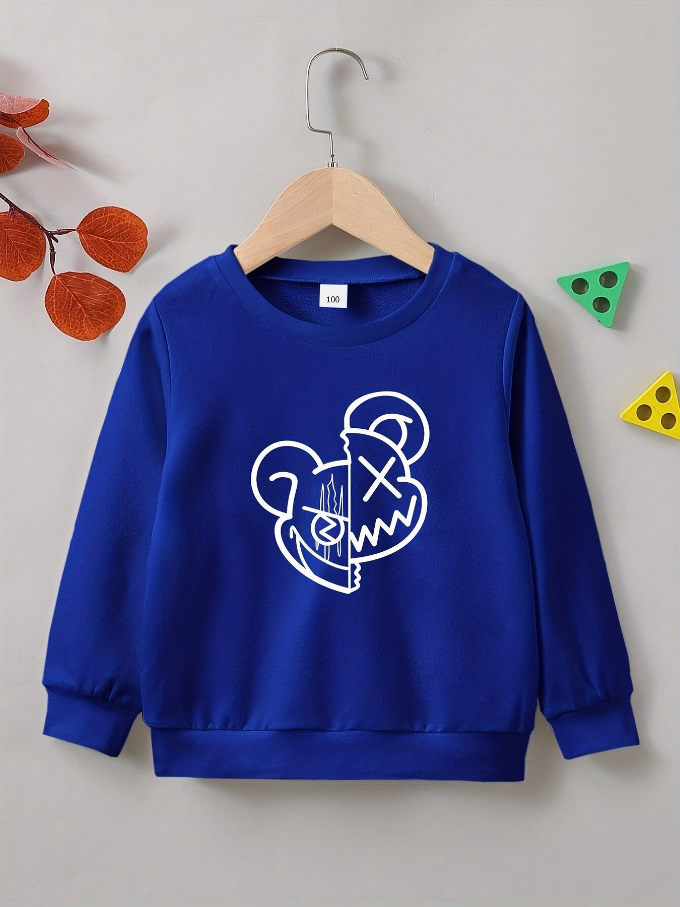 Cartoon Bear Print Boys Pullover Sweatshirt Long Sleeve Crew Neck Tops