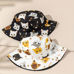 Kids Bucket Hat Romantic Kitten Pattern Reversible Beach Sun Hat