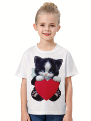 3D Sweet Cat & Heart Graphic Short Sleeve T-shirt Breathable Comfy