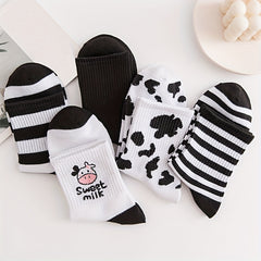 5 Pairs Cow Print Socks & Striped Crew Socks Women's Stockings