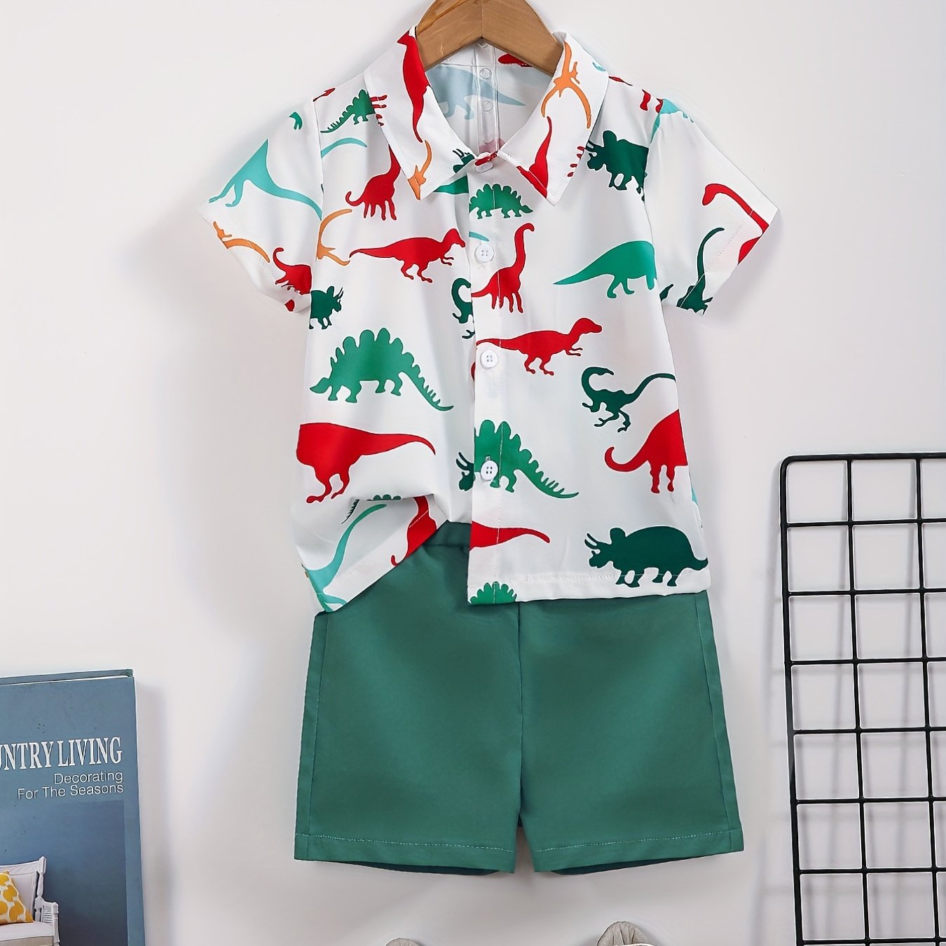 2pcs Boys Dinosaur Print Shirt & Shorts Set Kids Summer Clothes