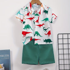 2pcs Boys Dinosaur Print Shirt & Shorts Set Kids Summer Clothes