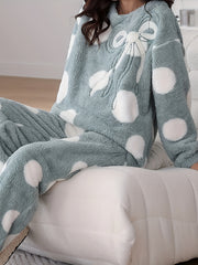 Polka Dot Fuzzy Pajama Set Long Sleeve Crew Neck Top & Elastic Waistband Pants