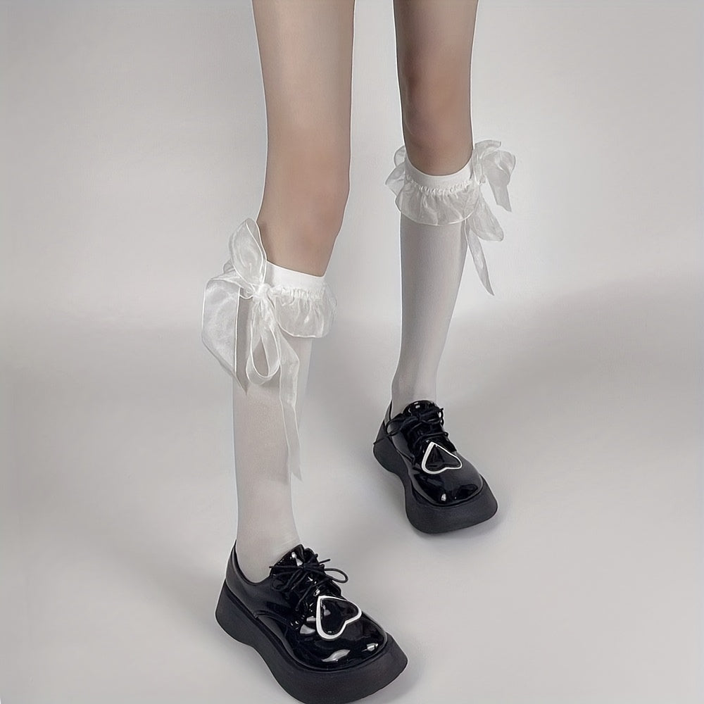 Bow Lace Trim Calf Socks Knee High Socks Women's Stockings