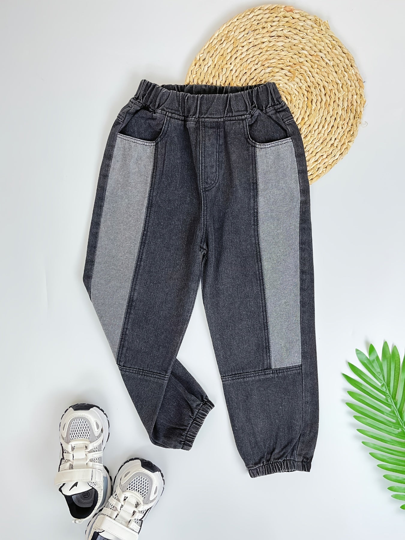 Boys Tapered Jeans Block Elastic Waist Denim Pants Kids Bottoms