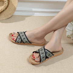 Geometric Pattern Linen Slides Crisscross Strap Open Toe Flat Shoes
