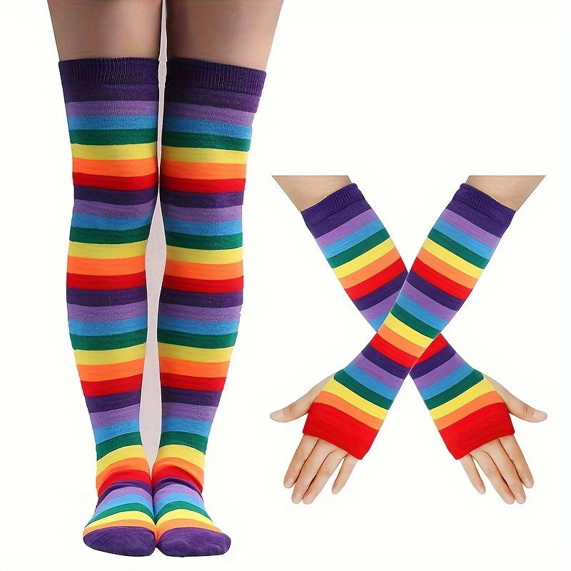 Striped Rainbow Knit Stockings & Gloves Set