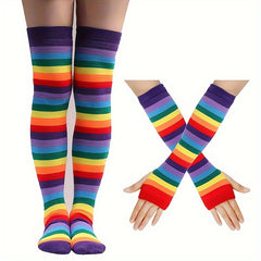 Striped Rainbow Knit Stockings & Gloves Set