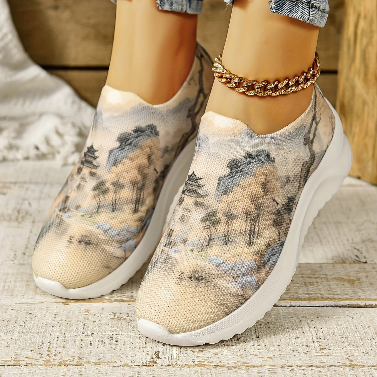 Women's Ink Painting Pattern Knit Walking Shoes