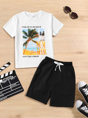 Boys 2pcs Beach Print T Shirt & Shorts Set for Summer Kids