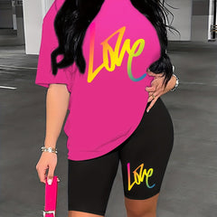 Love Print 2pc Set Short Sleeve T Shirt & Shorts Casual Outfits