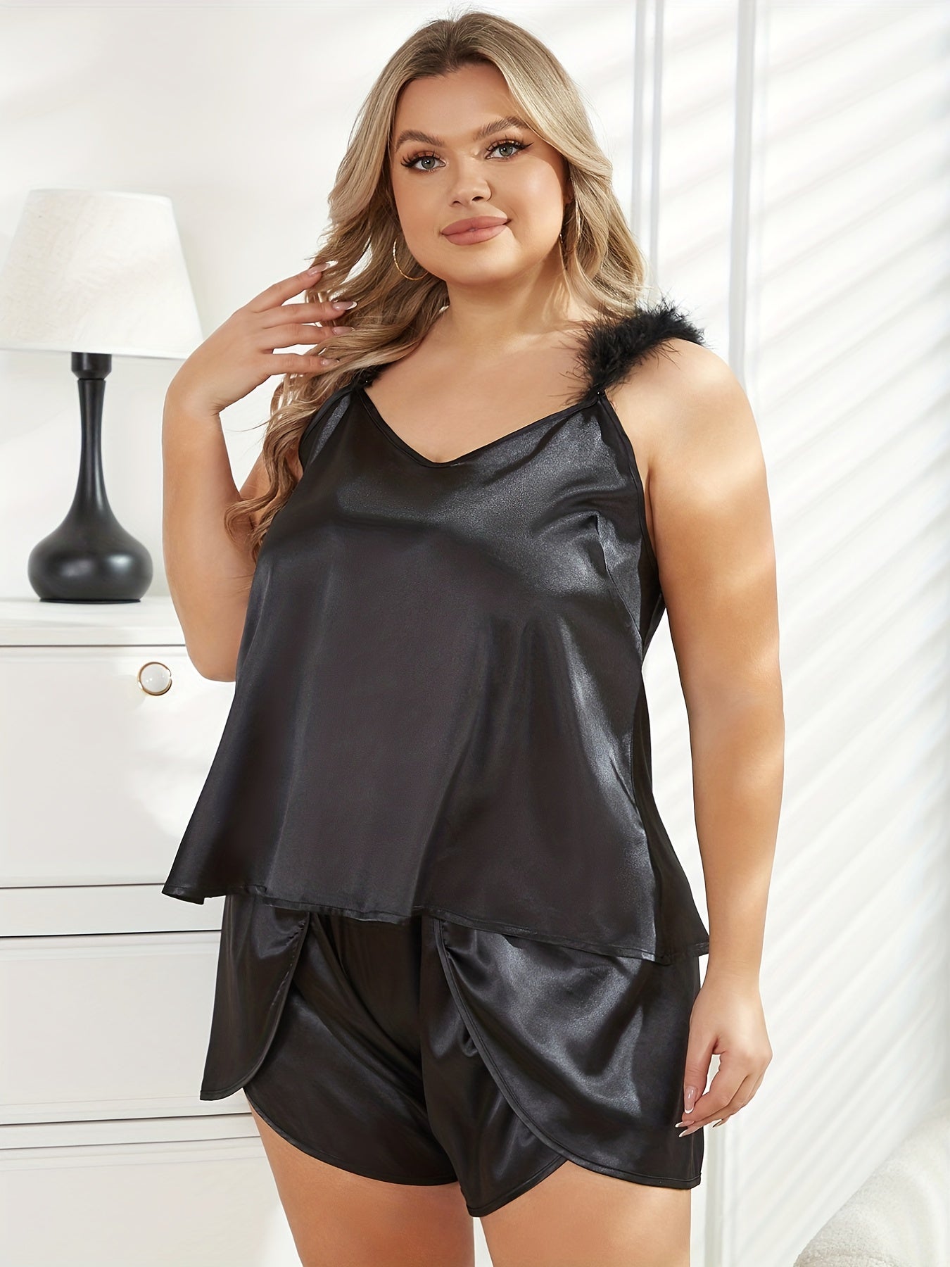 Satin V Neck Fuzzy Cami Top & Shorts Set