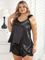 Satin V Neck Fuzzy Cami Top & Shorts Set