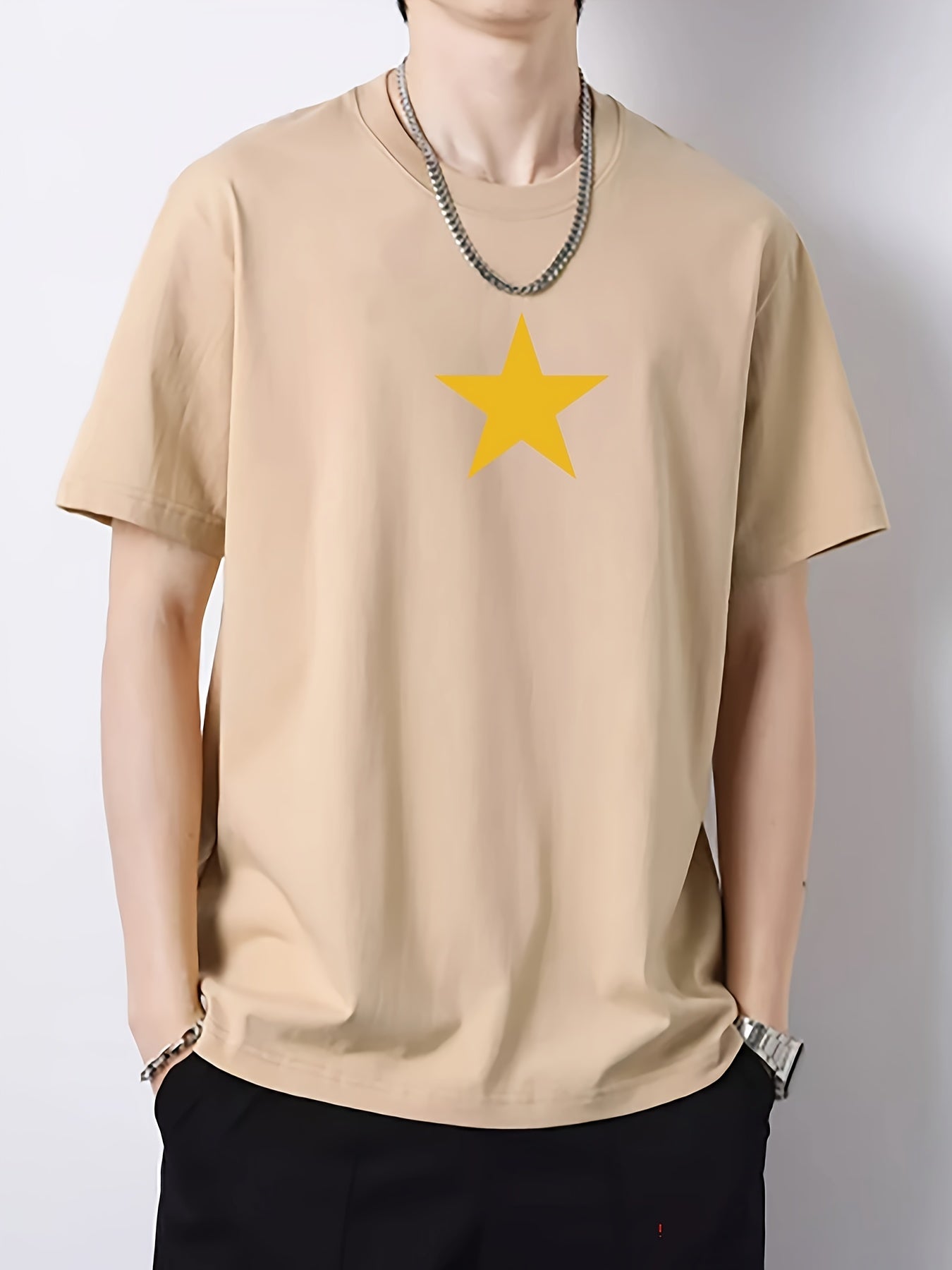 Men's Yellow Star Pattern Crew Neck Cotton T-shirt