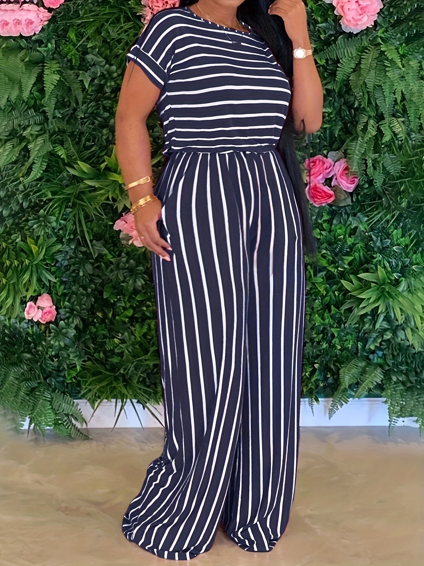 Striped Print Two piece Set Casual Short Sleeve T shirt & Wide Leg Pants
