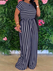 Striped Print Two piece Set Casual Short Sleeve T shirt & Wide Leg Pants
