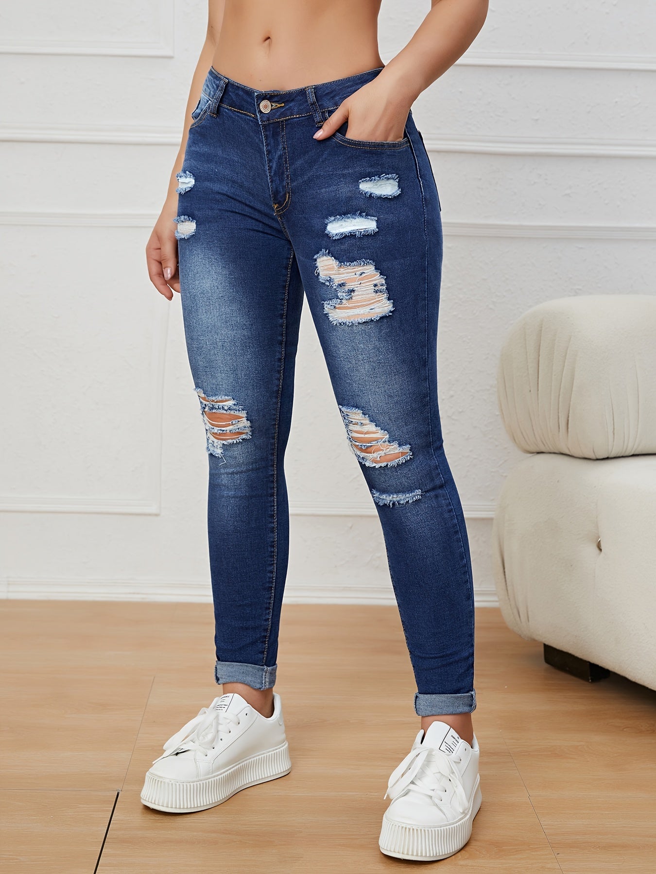 High Rise Ripped Skinny Jeans Water Ripple Embossed Denim Pants