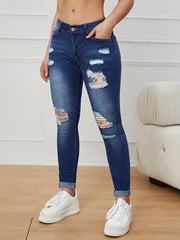 High Rise Ripped Skinny Jeans Water Ripple Embossed Denim Pants