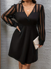 Casual Dress Women's Plus Striped Mesh Sleeve Stretch Dress