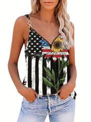 Plus Size Flag Print V Neck Cami Top Medium Stretch Independence Casual