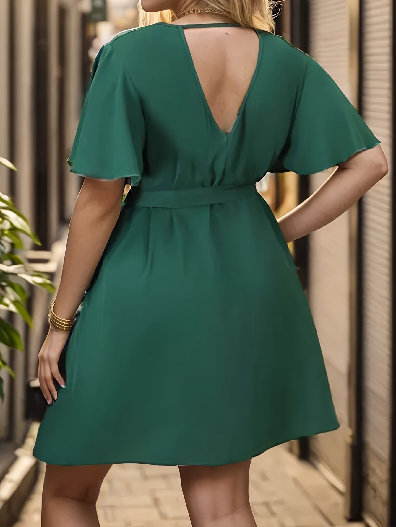 Solid Flutter Sleeve Dress With Belt