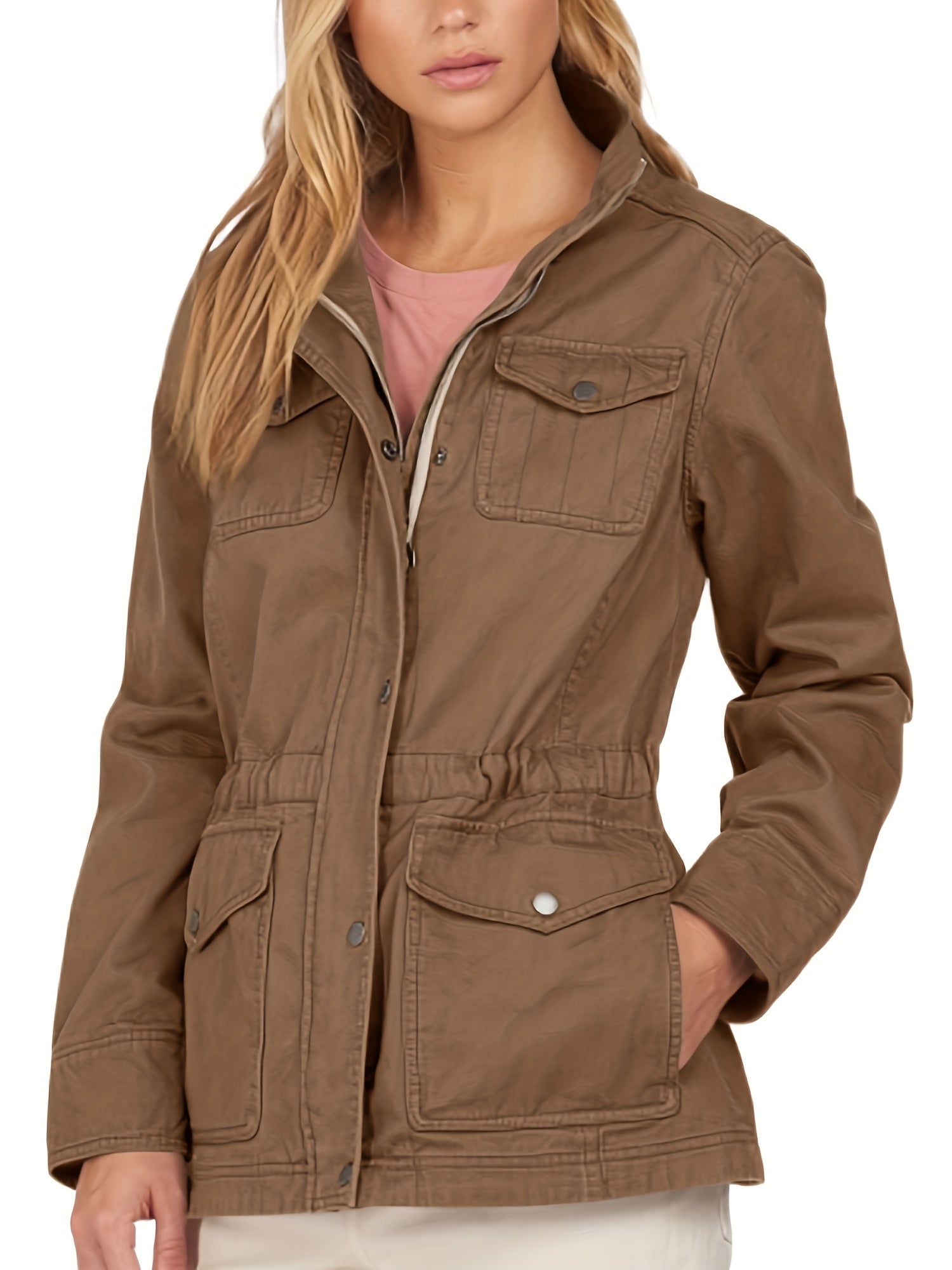 Solid Button Front Jacket Casual Long Sleeve Outerwear With Pockets