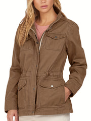 Solid Button Front Jacket Casual Long Sleeve Outerwear With Pockets