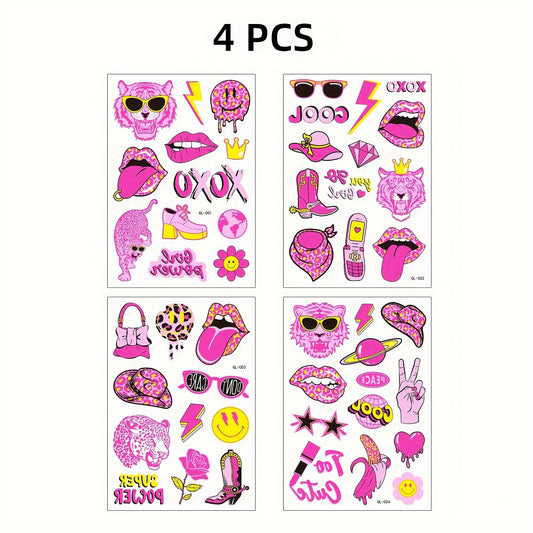 Fluorescent Pink Temporary Tattoo Stickers - UV Waterproof Glow Tattoos