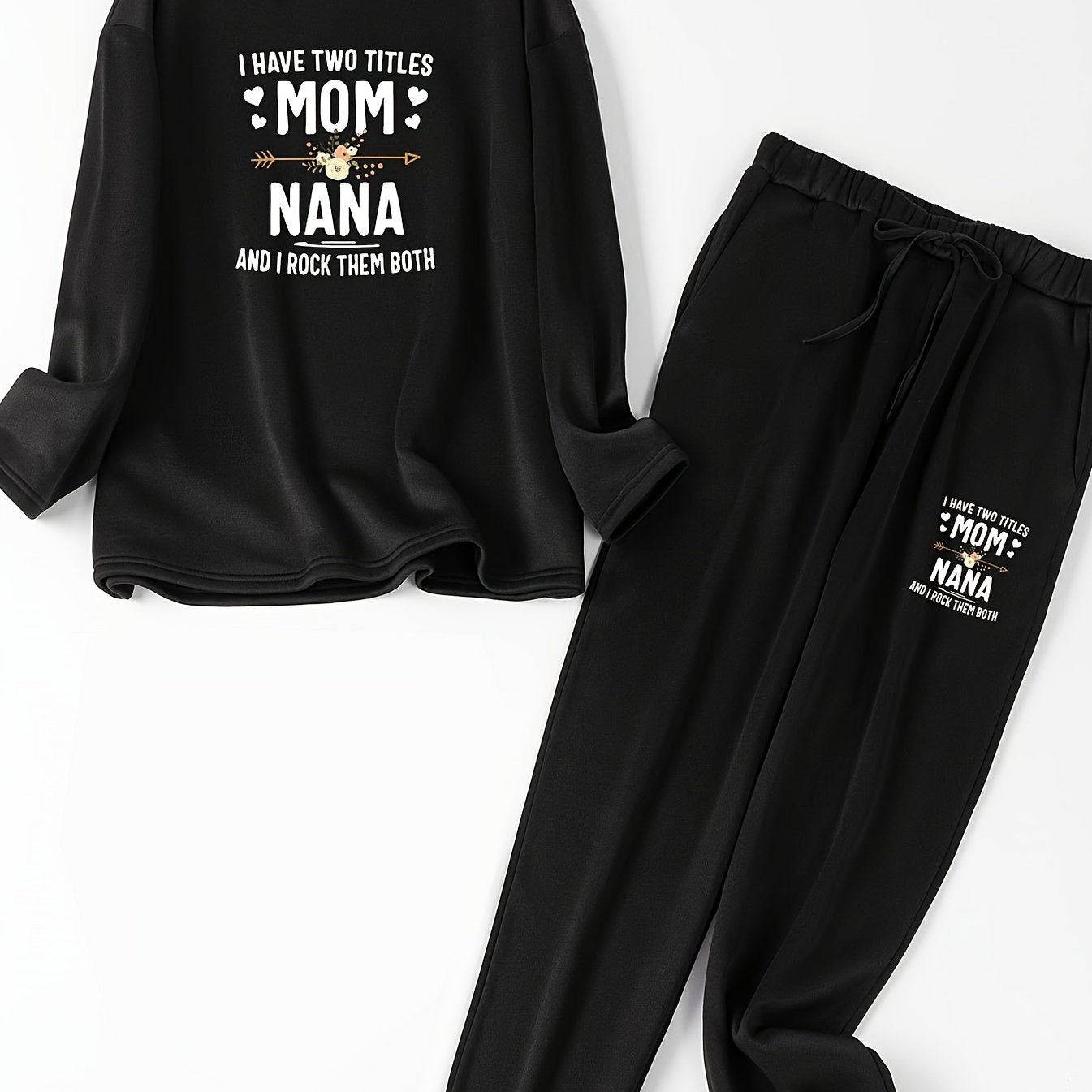 Slogan Print Long Sleeve Top & Pants Pajama Set