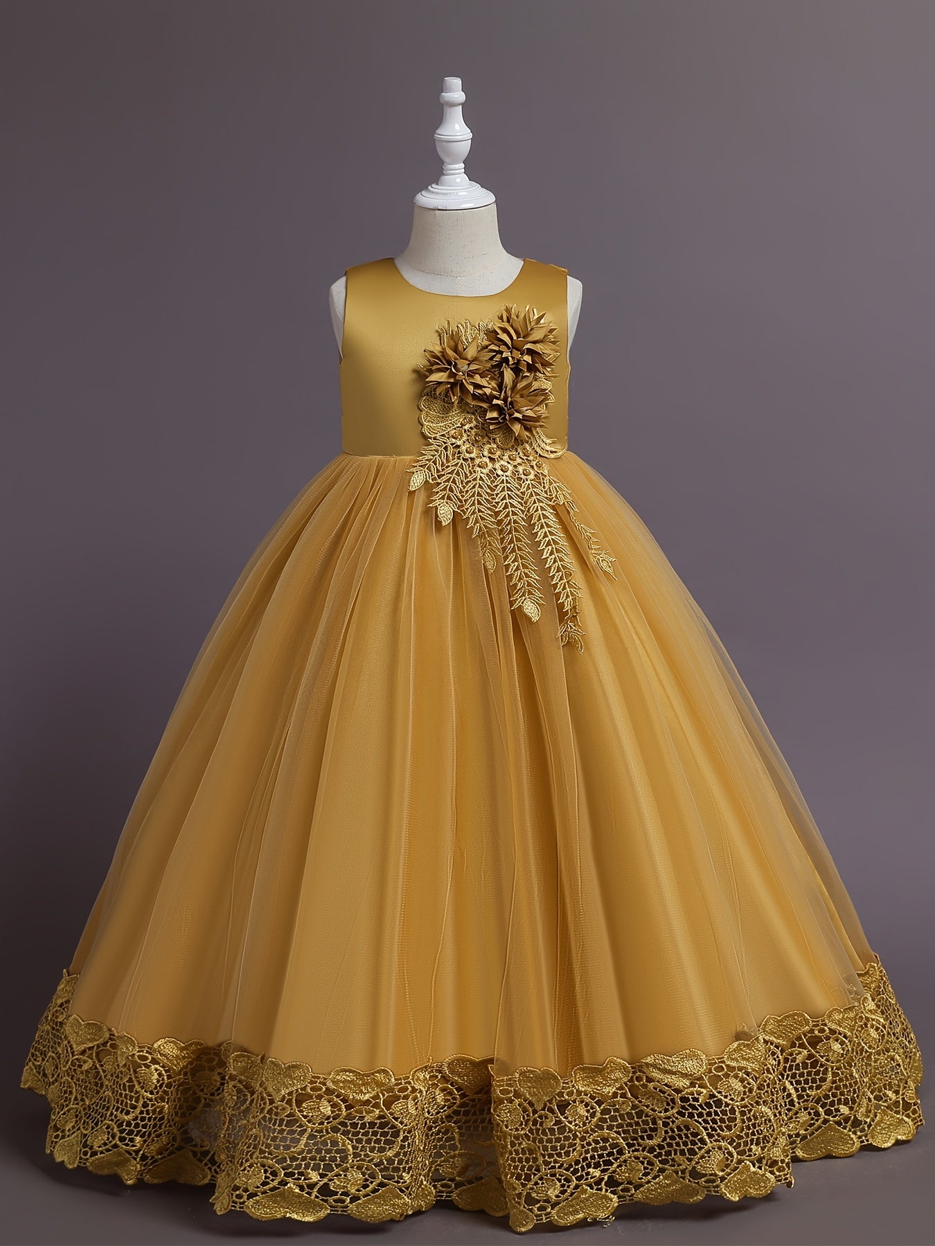 Girls Heart Floral Embroidery Mesh Princess Dress Wedding Party Clothes