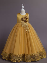 Girls Heart Floral Embroidery Mesh Princess Dress Wedding Party Clothes