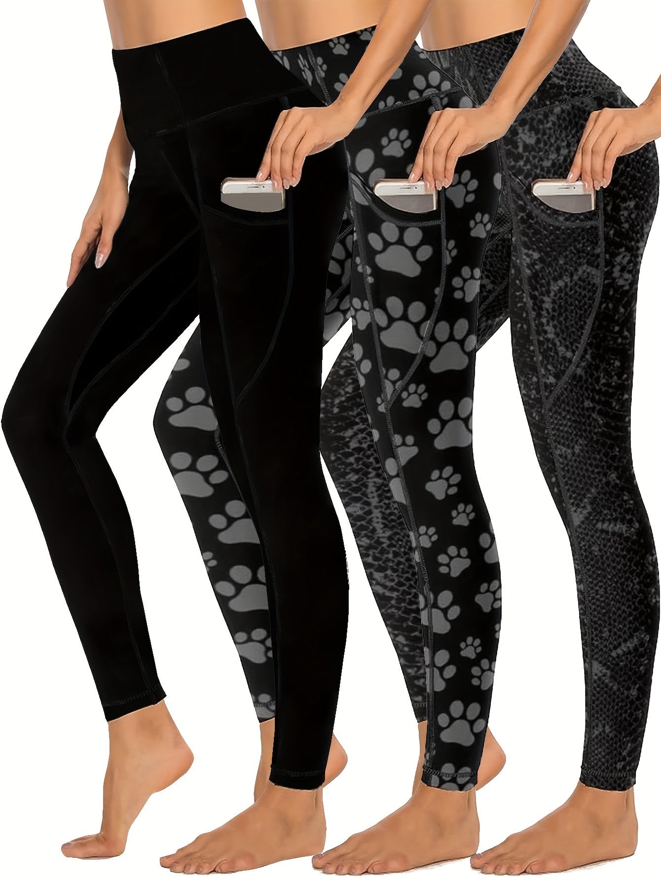 3-Pack Plus Size Leggings Set: Star & Snake Print High Waist