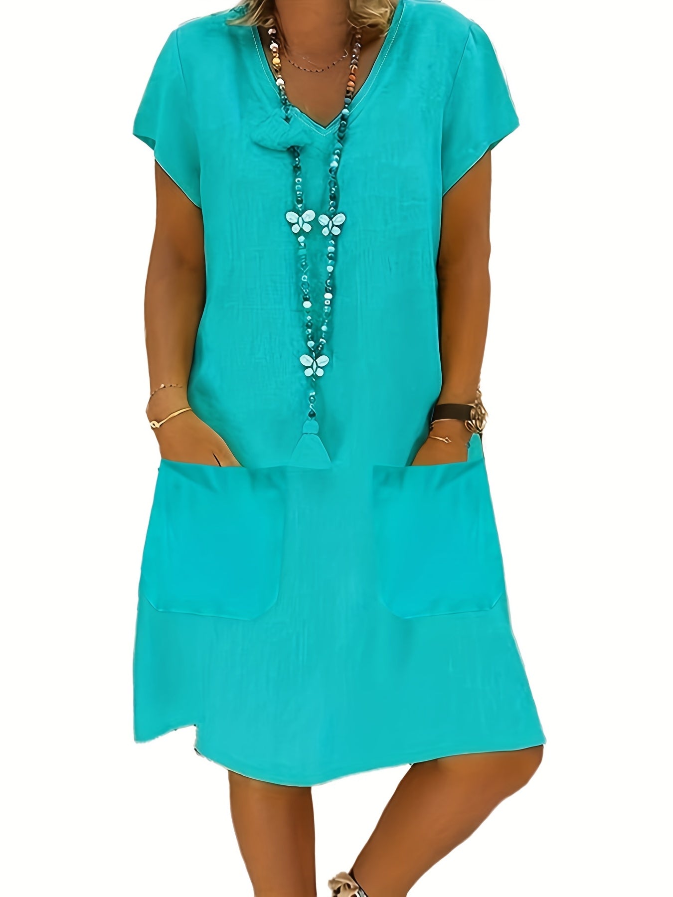 Casual Dress Women's Plus V Neck Short Sleeve Dress With Pockets