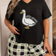 Funny Goose Print V Neck Pajama Top Plus Size Short Sleeve Lounge Tee
