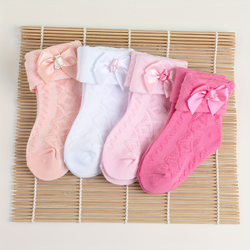 4pairs Baby Girls Kids Mesh Breathable Comfy Crew Socks with Bow Decoration