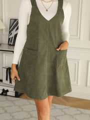 V Neck Corduroy Overall Dress With Pockets