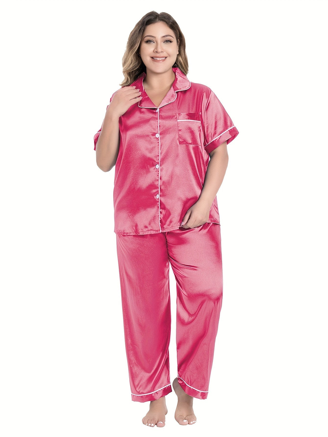 Satin Contrast Pajamas Set Short Sleeve Shirt & Pant