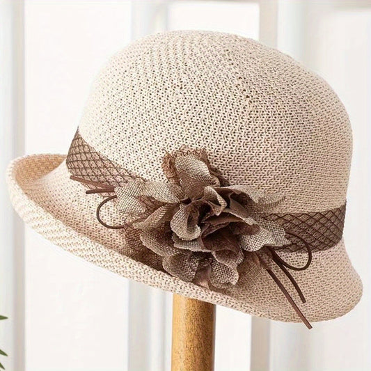 Vintage Crochet Flower Decor Sun Hat Adjustable Fedora Cap