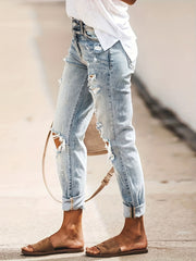 Loose Fit Straight Jeans Ripped Holes Distressed Denim Pants