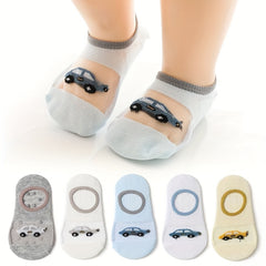 5 Pairs Baby Boys Boat Socks Cartoon Car Pattern Anti Slip Cotton Blend