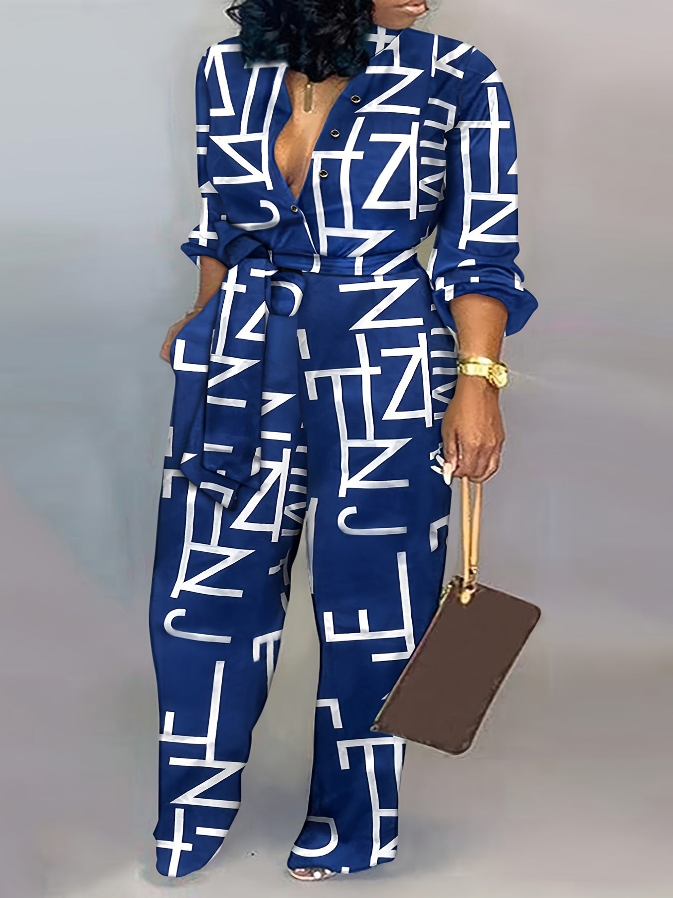 Letter Print V Neck Long Sleeve Jumpsuit With Belt